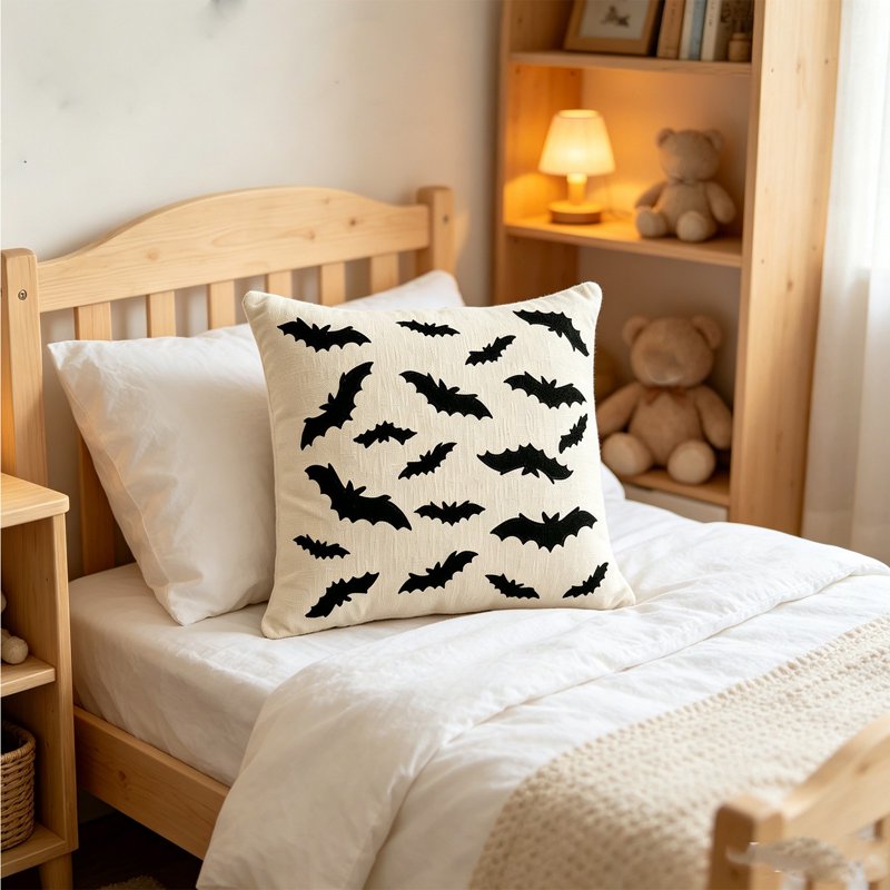 Halloween Ghost Throw Pillow Cover 18x18 Inch - White Plush Faux Fur Cushion Case with Halloween Embroidery - Variation H-B