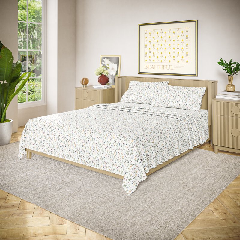 Queen 4-Piece Cotton Percale Sheet Set - White Botanical Print