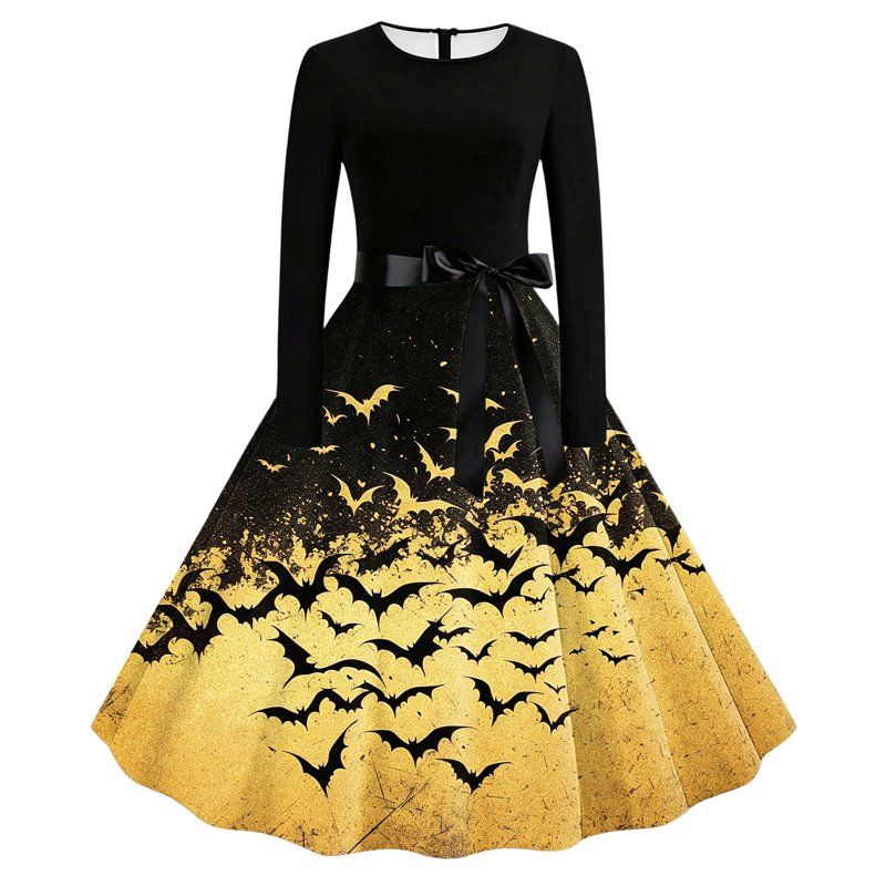 Yellow Women's Vintage Bat Print Swing Dress with Satin Sash - 1950s Retro Gothic Midi