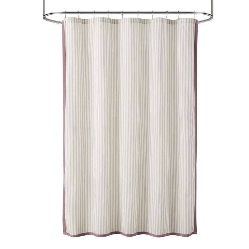 Pink Shower Curtain 72x72 Inches with Taupe Stripes and Contrast Trim - Cotton-Polyester Blend