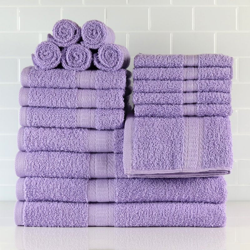 Bath Towel Set with Washcloths - 18 Piece Cotton Towels in Lavender - Soft & Absorbent