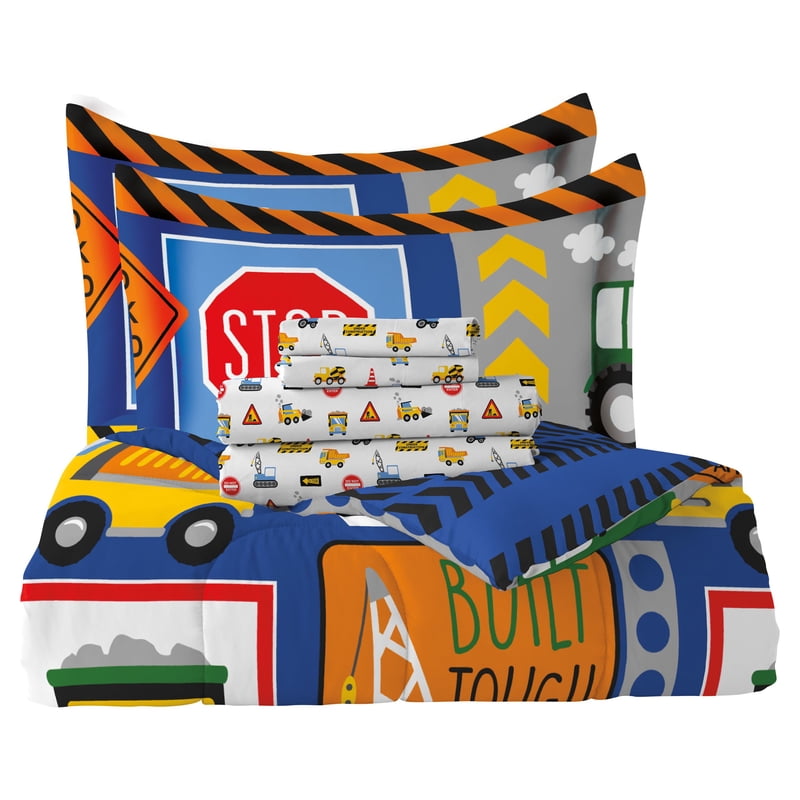 Full Child Under Construction Comforter Set with Truck Design - Microfiber, Blue & Multi