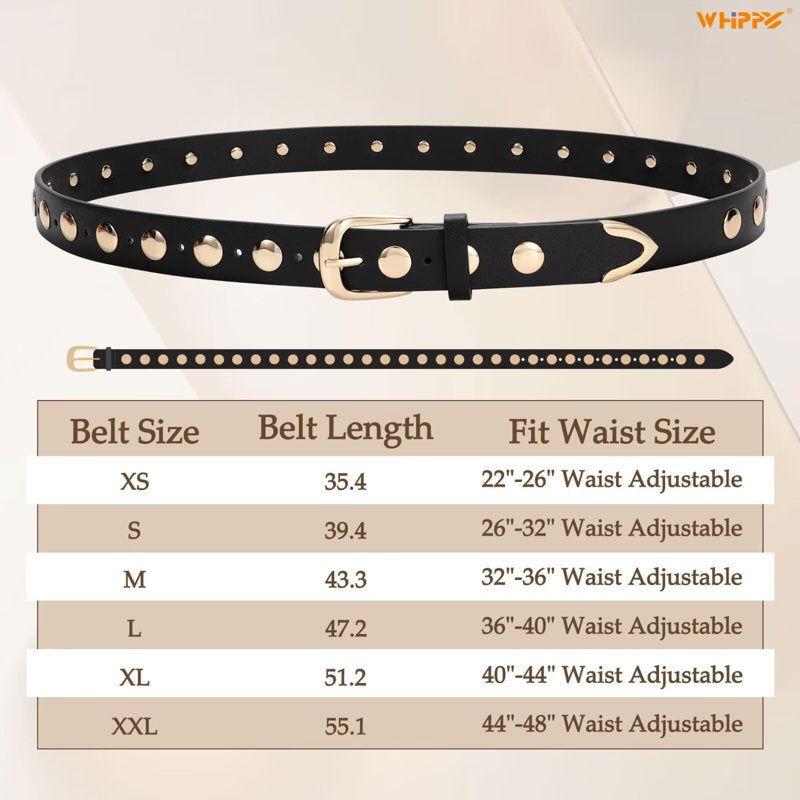 Women's Leather Belt for Jeans Dresses - Studded PU Belt with Gold & Silver Buckle - White, Fit Waist 36-40"