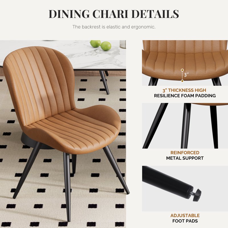 Upholstered Dining Chairs Set of 2 - Brown with Backrest & Metal Legs