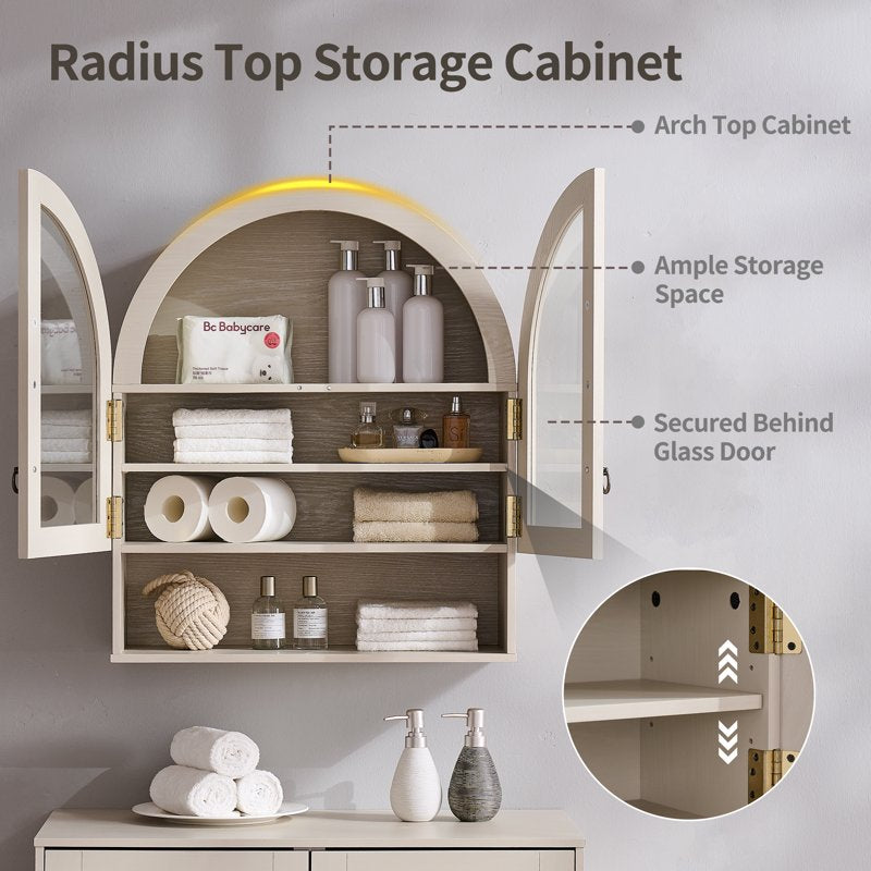 Bathroom Medicine Cabinet with Glass Doors - Cream Wall Mount Arched Storage