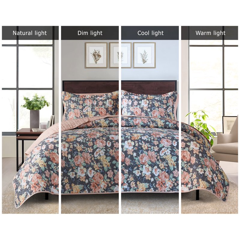 Twin/Twin-XL All-in-One Lightweight Quilt and Sheet Set - Gray Floral