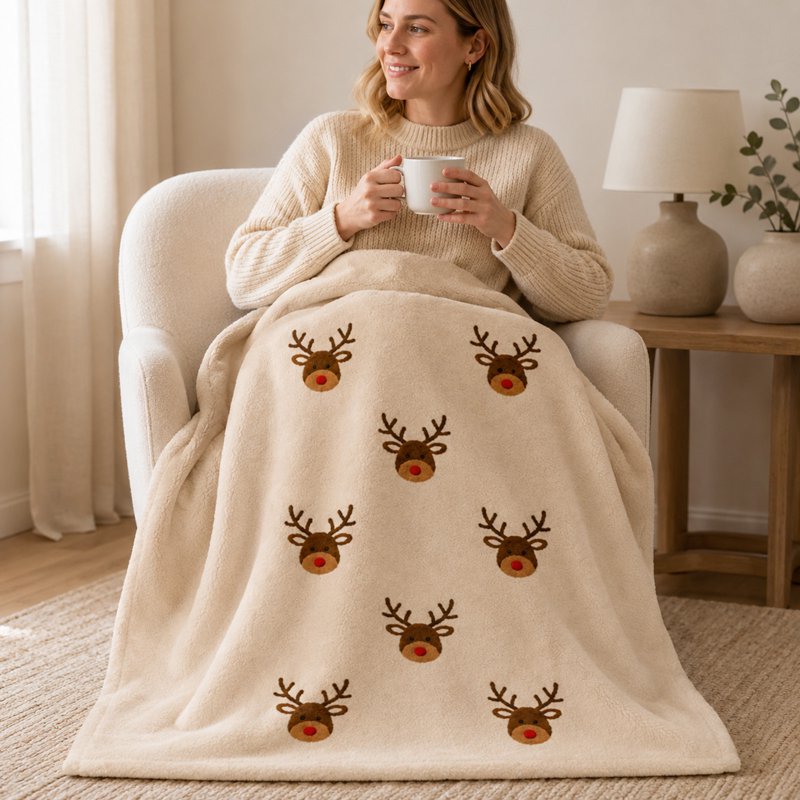 Reindeer Head Flannel Throw Blanket - 59x39in Rustic Christmas Decor