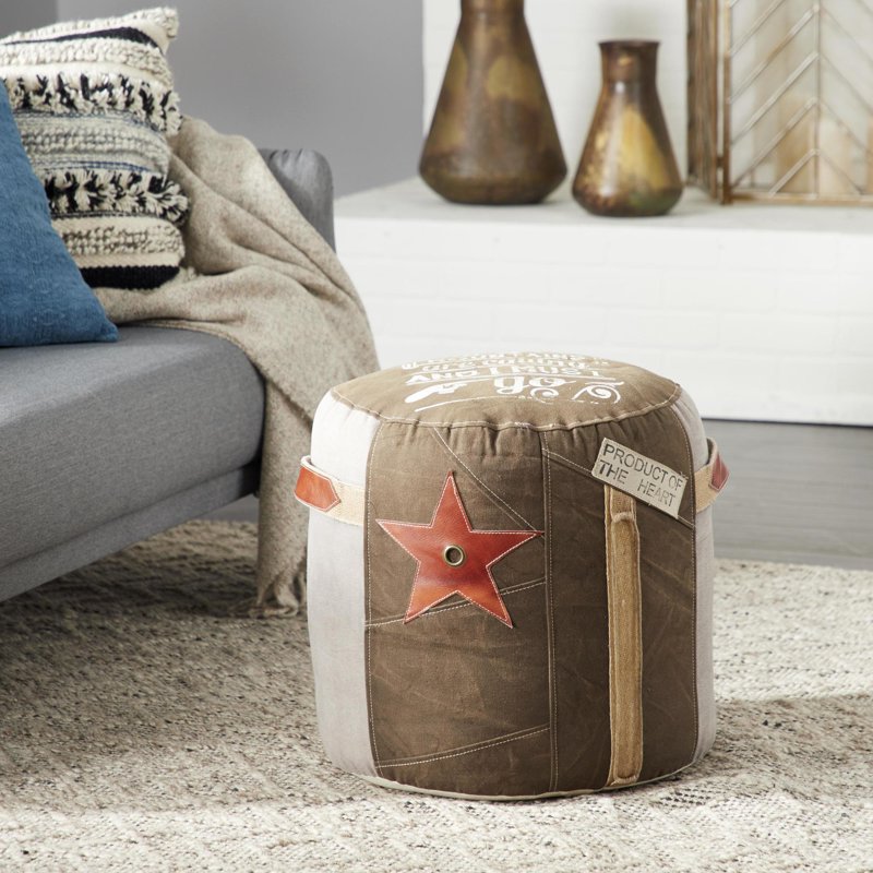 Round Brown Canvas Star Pouf with Leather Accents - 17x17x19 Inches, Variation of THIS listing