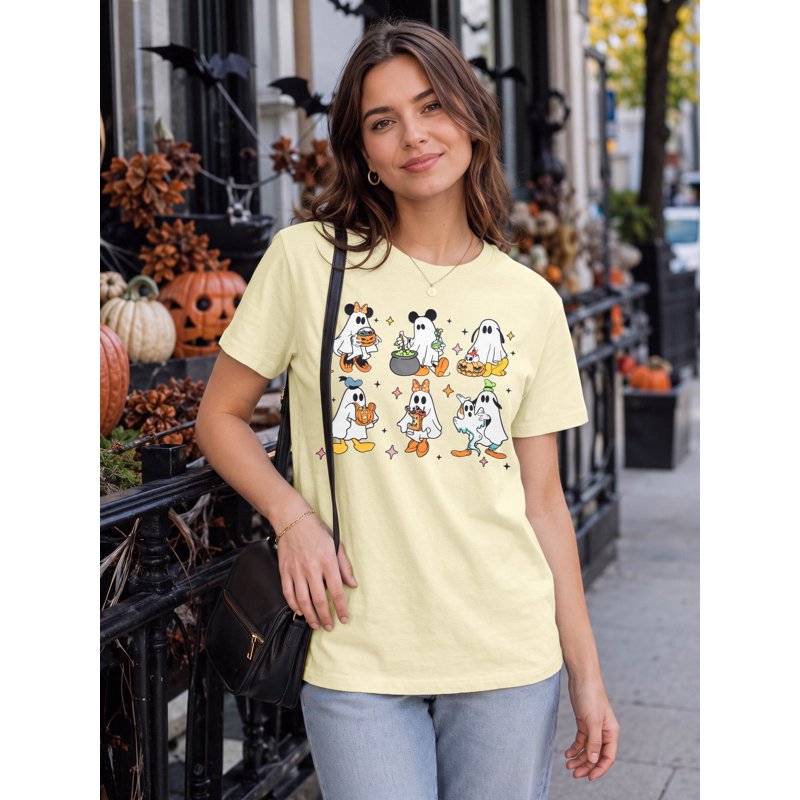 Women's Halloween Pumpkin T-Shirt with Ghost Graphic - Beige, Large