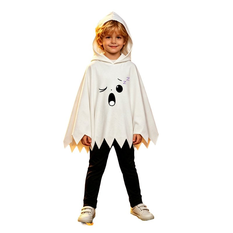 Kids Ghost Face Halloween Costume Set with Hooded Cape & Pants - White, 4-5 Years