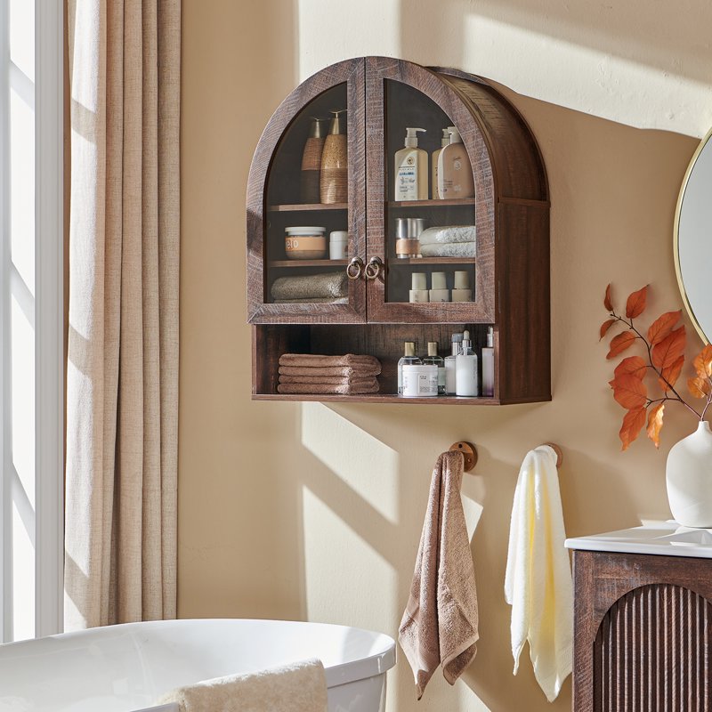 SinCiDo Brown Bathroom Medicine Cabinet with Arched Glass Doors & Adjustable Shelves - Over Toilet Wall Storage