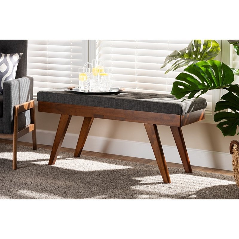 Mid-Century Modern Upholstered Dining Bench - Medium Grey & Dark Gray