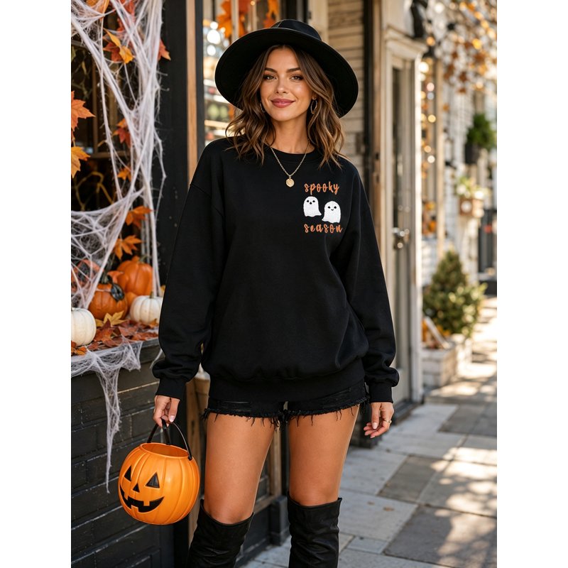 Women's Black Ghost Spooky Season Sweatshirt with Embroidered Graphic - S Variation