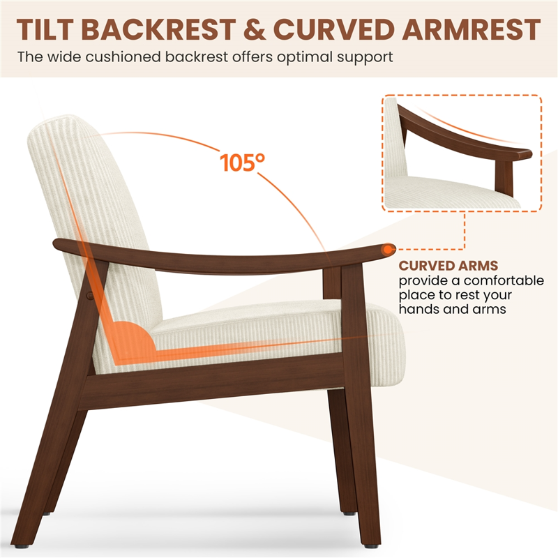 Mid-Century Modern Corduroy Fabric Armchair with Wood Legs