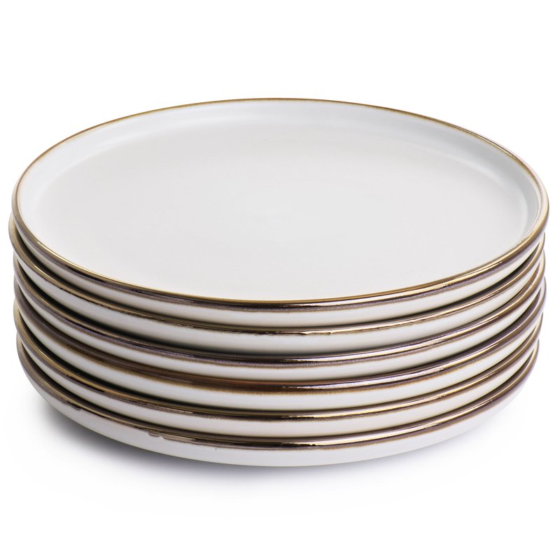 6 Piece Stoneware Salad Plate Set - Matte White with Gold Rim