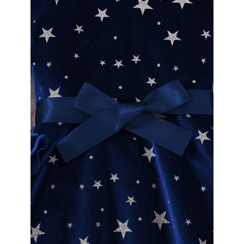Girls Velvet Star Print Dress with Ruffle Hem & Bow Tie Belt - Size 7-8 Blue Variation Z04-04