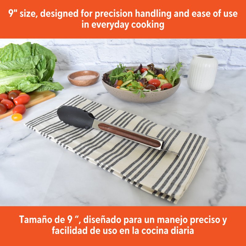 9-Inch Stainless Steel Food Tongs with Nylon Tips & Wood Look Grip - Single