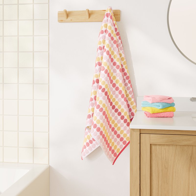 Kids Cotton Jacquard Bath Towel - Pink & Yellow Dot, 27x52 Inches