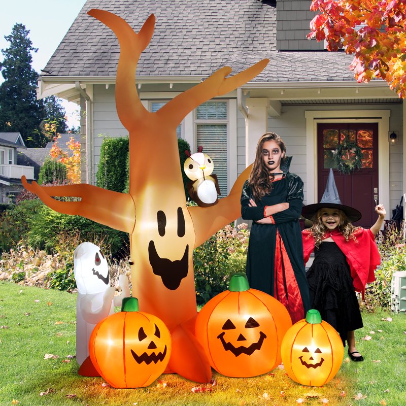 8FT Halloween Inflatable Dead Tree with LED Lights, Yard Decorations with Pumpkins Ghost & Owl