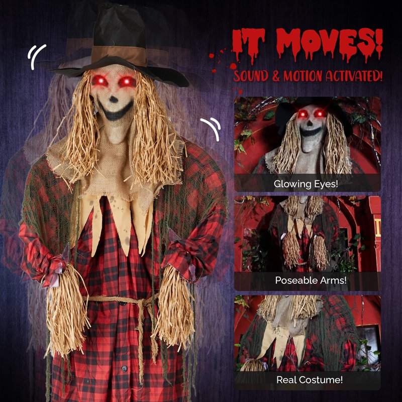 8ft Animated Halloween Scarecrow Decoration with LED Eyes and Screaming Sound