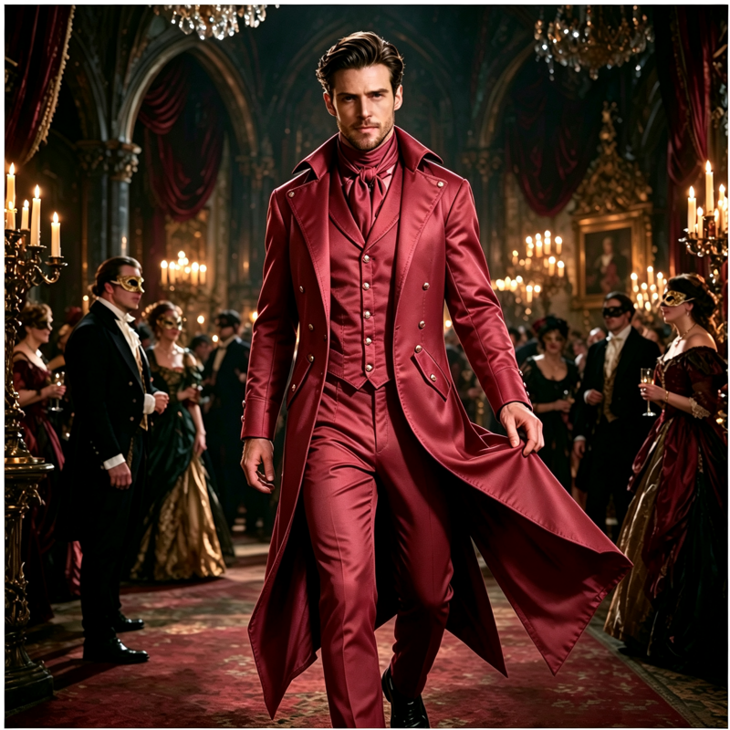 Men's Victorian Tailcoat with Faux Vest Layer - T-Red, Size S