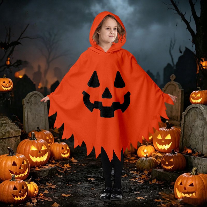 Kids Halloween Costume Hooded Pumpkin Face Cape - Unisex Dress Up Clothes, 7-9 Years - Orange-B Fancy-Dress Costumes