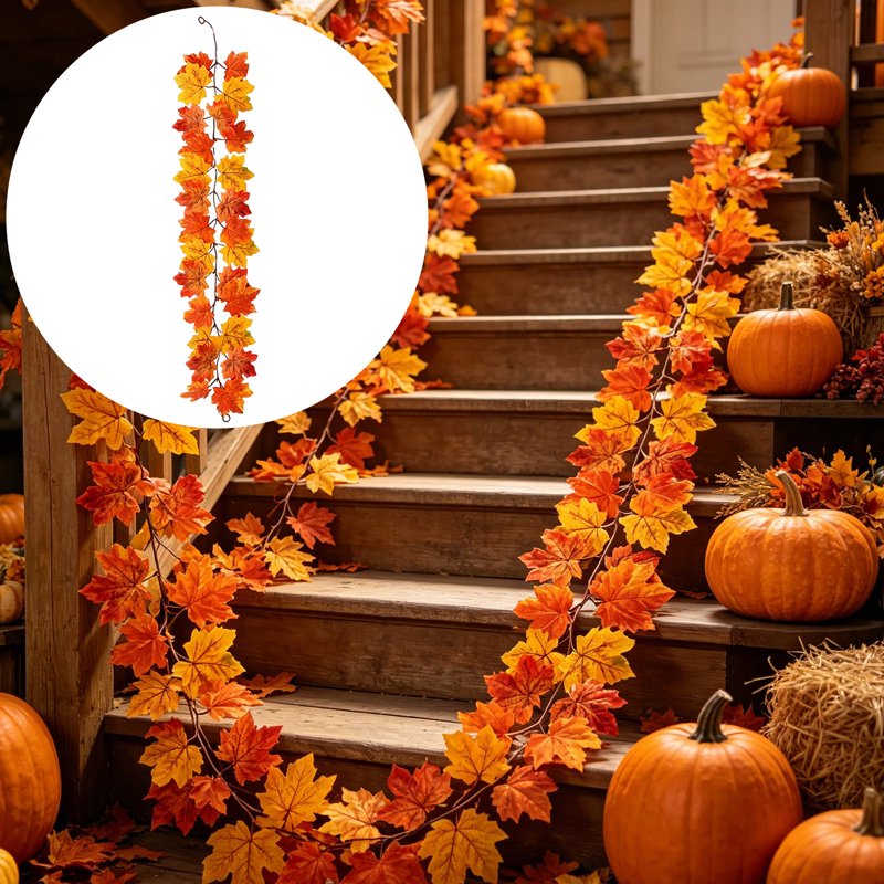 Autumn Maple Garland with Pumpkin Accents - 40in Fall Decor for Fireplace & Porch - Orange T