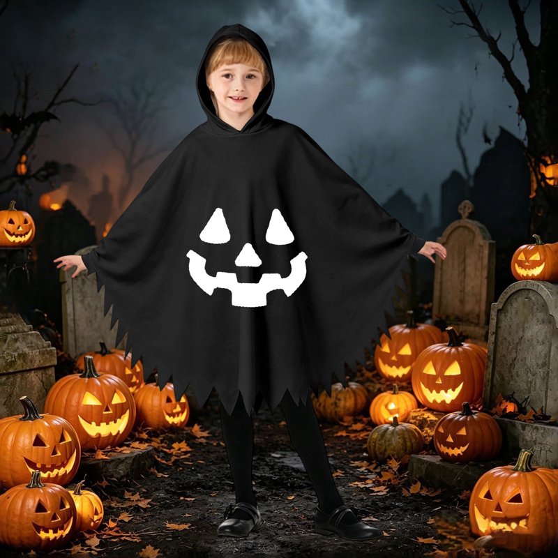 Kids Ghostface Halloween Costume Cape - Unisex Hooded Dress Up for 10-12 Years, Black