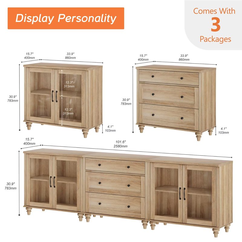 3-in-1 Kitchen Storage Cabinet with Glass Doors & Drawers - Oak