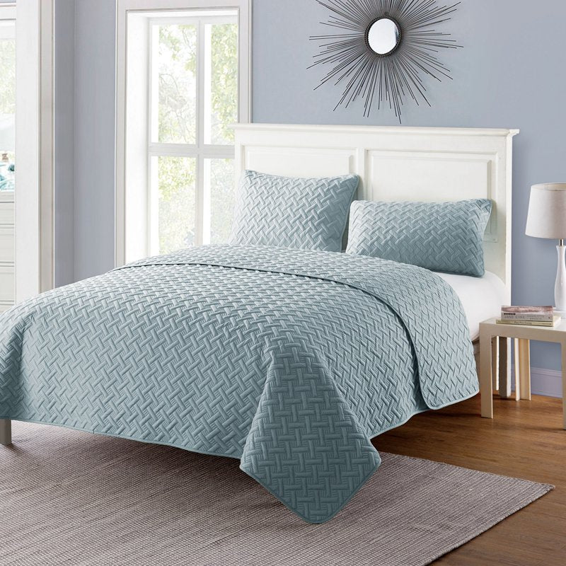 Full/Queen Blue Geometric Quilt Set - Microfiber Bed Cover with Sham
