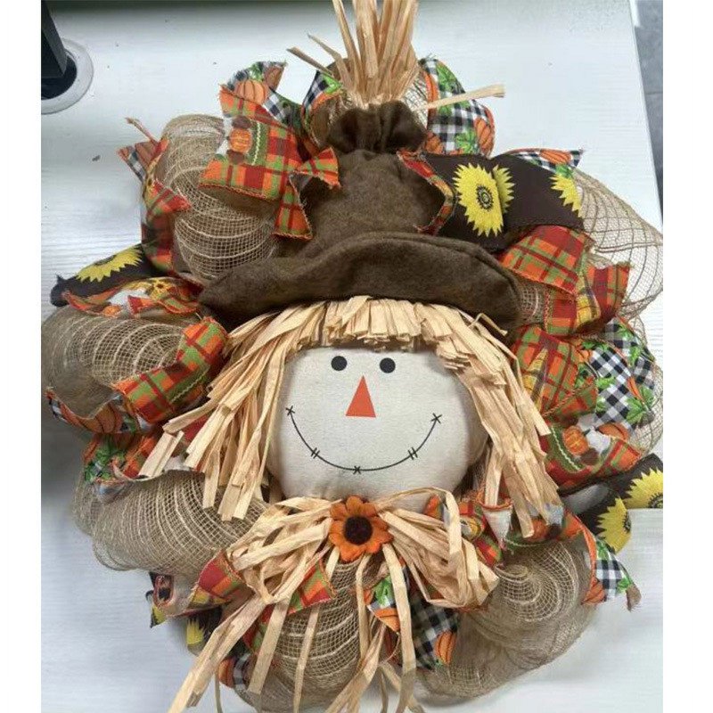 Fall Thanksgiving Wreath with Scarecrow for Front Door Halloween Decor
