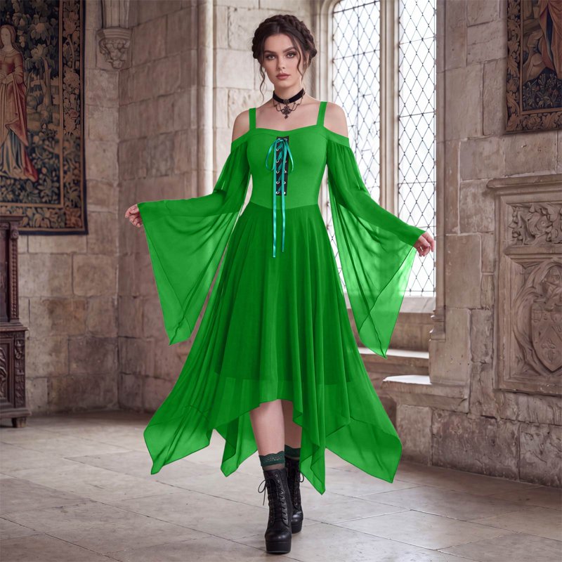 Women’s Gothic Witch Costume Dress - Medieval Renaissance Vampire Halloween Outfit - Green XL (Variation 01)