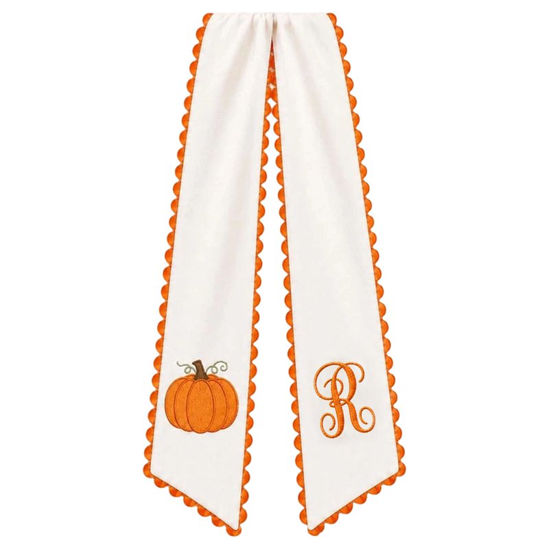 Pumpkin Embroidered Wreath Sash with Orange Scalloped Edges - Fall Front Door Decor - Variation R