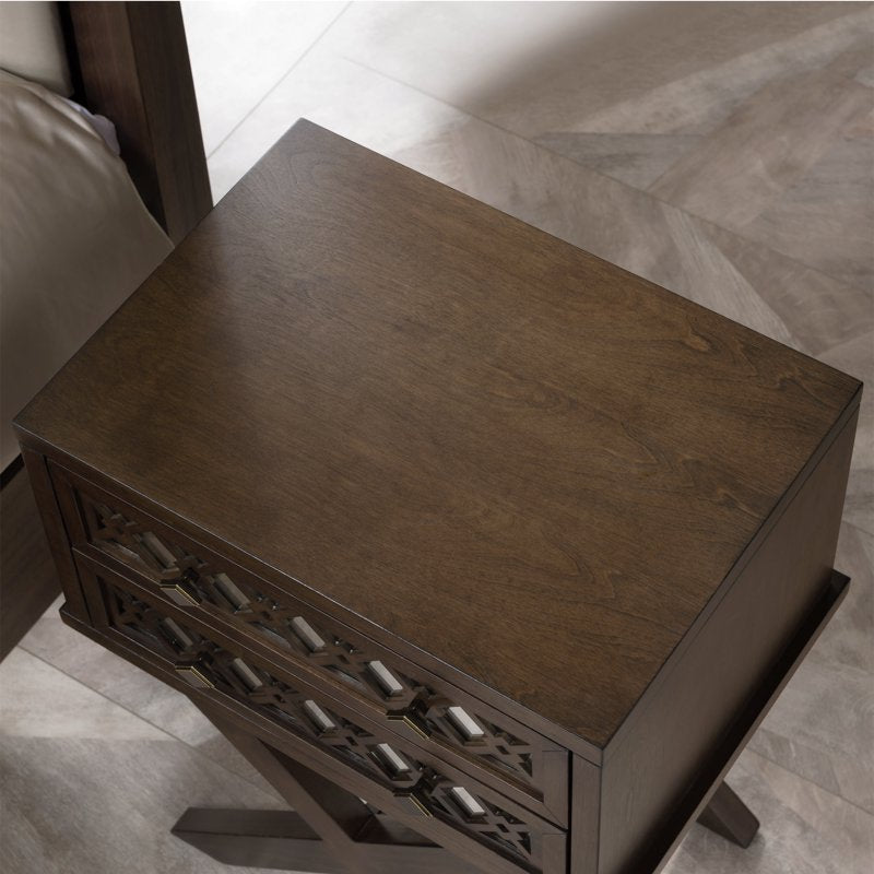 Leick Home Walnut Two Drawer Mirrored Diamond Filigree X Base Nightstand