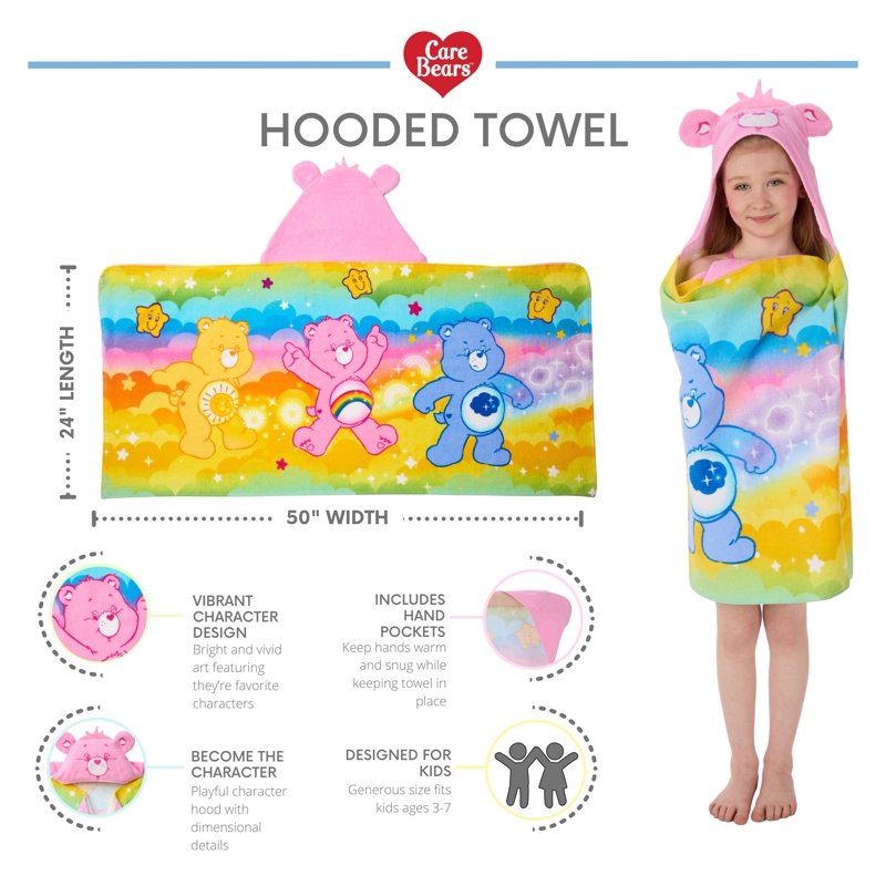 Kids Hooded Bath Towel with Care Bears Design - 100% Cotton, 24x50 Inches