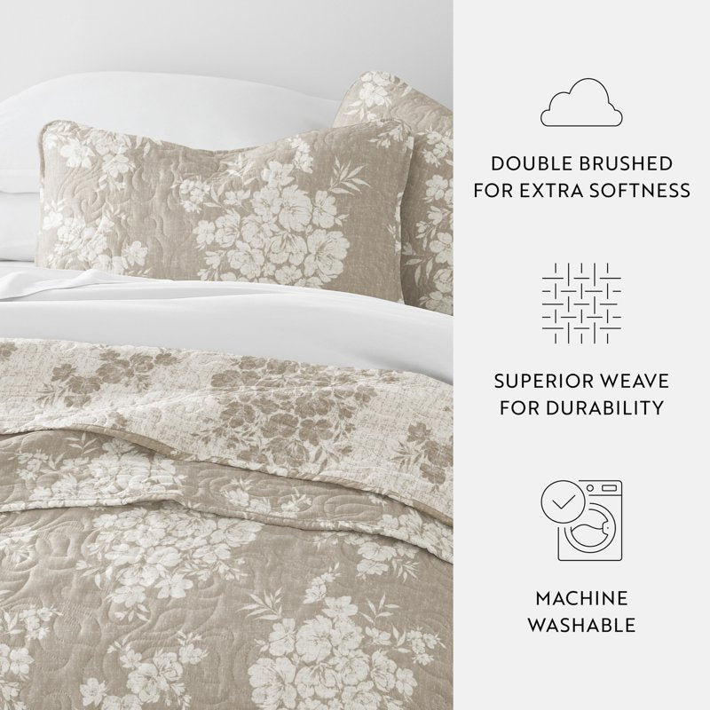 Queen Taupe Distressed Bouquet Reversible Quilt Set - Soft & Durable Bedding