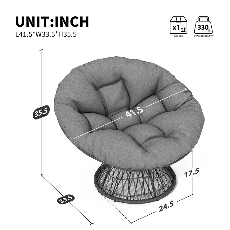 40-Inch Swivel Papasan Chair - Ergonomic Wicker Chair with Waterproof Cushion, Gray