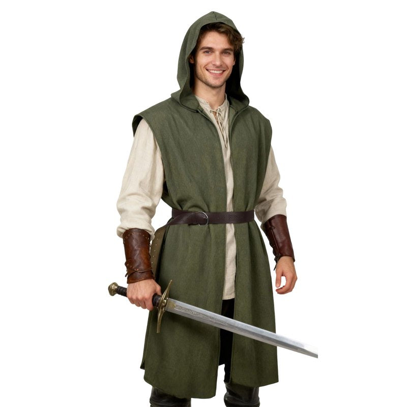 Army Green Medieval Viking Costume Set for Men - Hooded Sleeveless Robe with Belt, Size L
