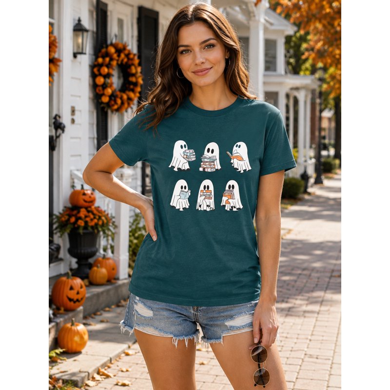 Halloween Teacher Shirt for Women Ghost Reading Books Graphic Tee - Green XXL