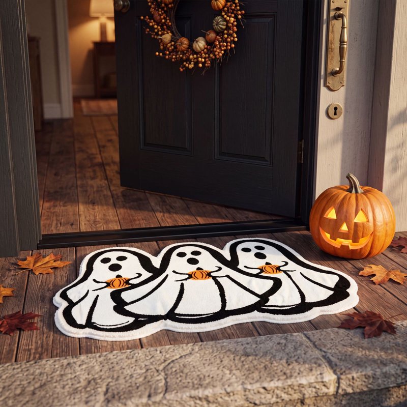 Halloween Ghost Pumpkin Doormat - Ghost Holding Pumpkin Floor Mat with Grip-Enhanced Absorbent Surface - Variation of THIS listing 34_Printed Ghost Doormat_AH