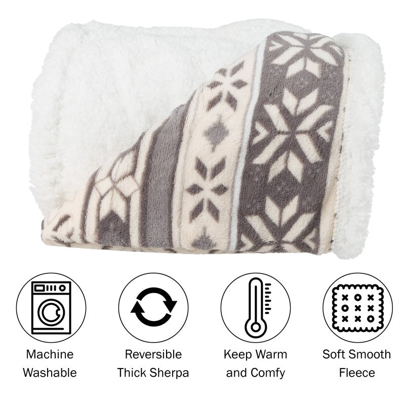 Gray and White Snowflake Fleece Blanket 50x60-Inch Machine Washable Throw