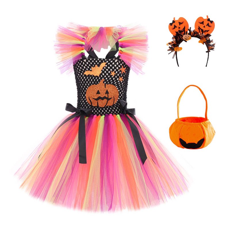 Multicolour Girls Halloween Costume Dress with Accessories for 9-10 Years - Princess Pumpkin Theme