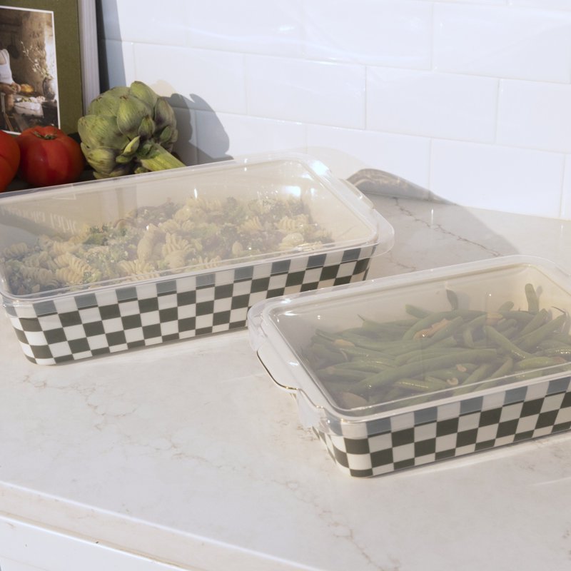 Moss Green 4-Piece Checkered Ceramic Casserole Dish Set with Lids