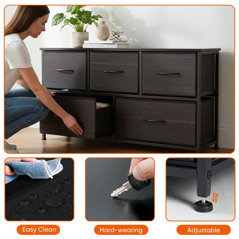 Fabric Drawer Nightstand with Wooden Top - 5 Drawer Black Wood