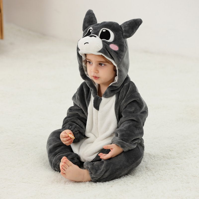 Kids Animal Cosplay Romper Hooded Flannel Jumpsuit for 3-6 Months - Dark Gray