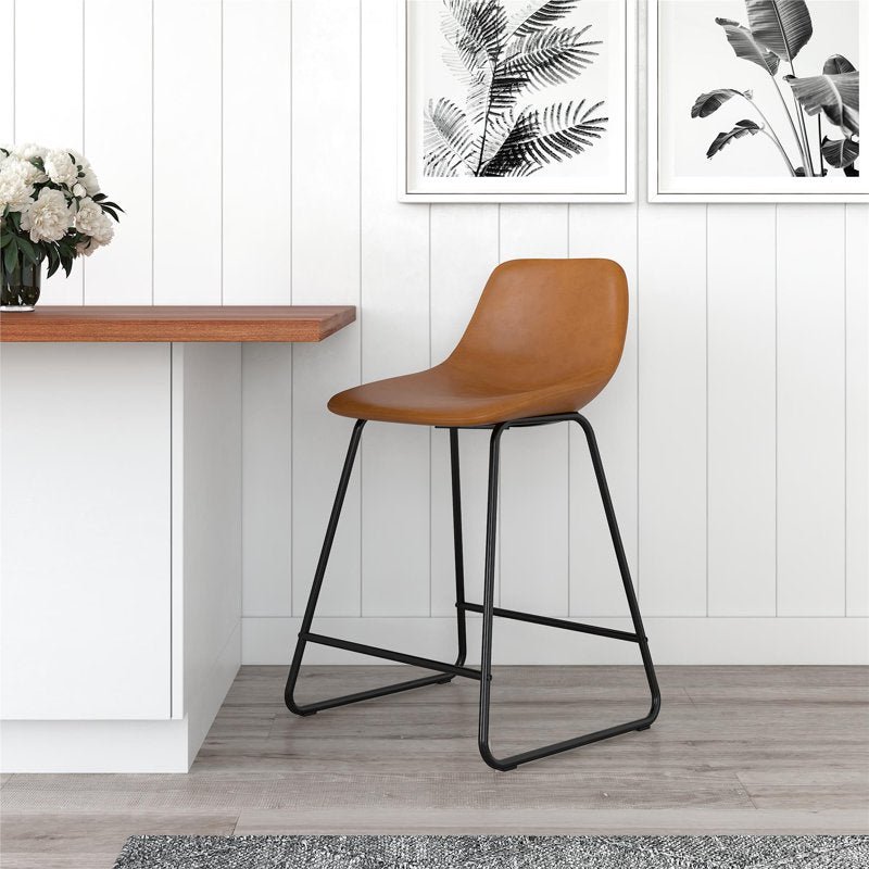 Counter Height Stool - 2 Pack Camel Faux Leather Scoop Seat