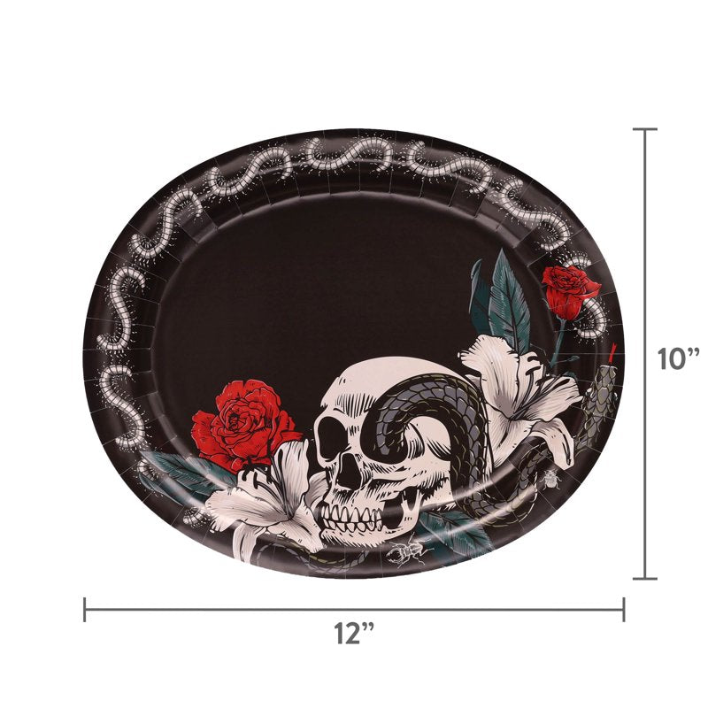 Halloween Skull and Roses Oval Disposable Paper Plates - 12 Inch, 8 Pack