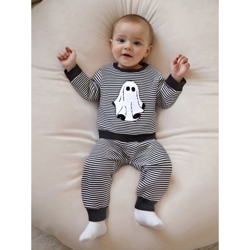 Baby Boy Halloween Outfit Ghost Embroidery Striped Sweatshirt & Pants Set - 6-12 Months