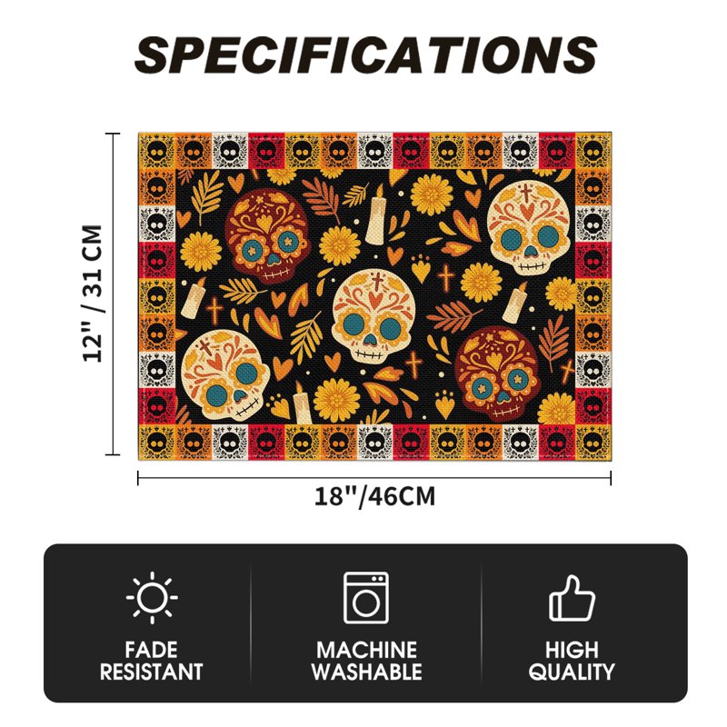 Skull Day of The Dead Printed Halloween Placemats Set of 4 12x18 Inch - Spooky Kitchen & Dining Decor Variation B