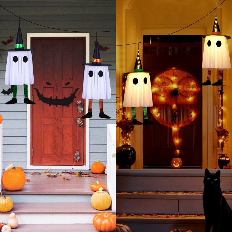 Halloween LED Hanging Lights 3-Pack Witch Ghosts - Purple, Green, Orange, Waterproof Battery Case, 3 Modes - 3pcs Witch Ghosts